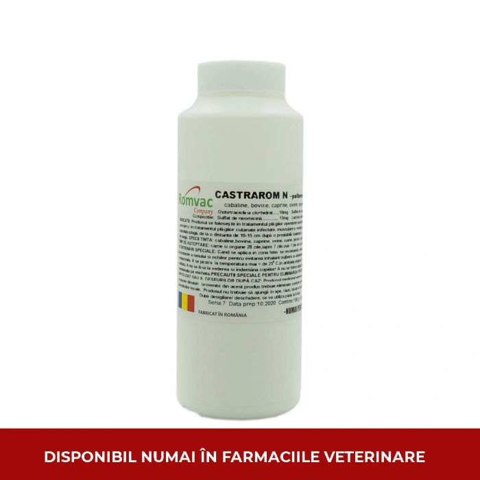 CASTRAROM Powder / polvere// Ossitetraciclina cloridrato, Neomicina solfato, Solfato di magnesio // cavalli, bovini, capre, pecore, maiali, uccelli, cani e gatti. // Horses, cattle, goats, sheep, pigs, birds, dogs and cats.