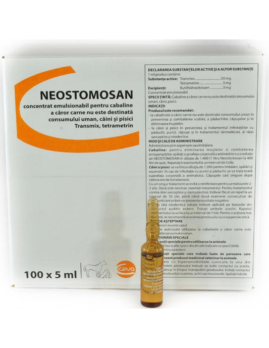 NEOSTOMOSAN 5 ML // Transmix, Tetramethrin, Butylhydroxytoluene // horses, dogs and cats / cavalli, cani, gatti