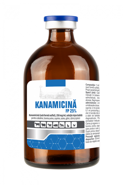 Kanamicina FP 25% 100 ml// Cavalli, bovini, pecore, capre, suini, uccelli (polli), cani e gatti // Chevaux, bovins, ovins, caprins, porcs, oiseaux (poulets), chiens et chats